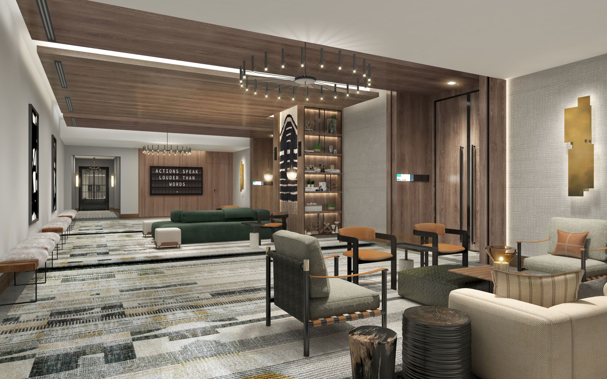 A modern lounge area featuring various seating options, wooden accents, abstract art, and subtle lighting, creating a cozy atmosphere.